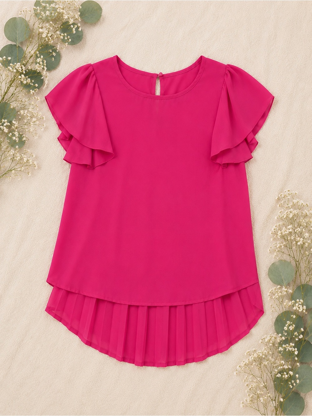 Roly Poly High-Low Pleated Blouse | Hot Pink Flutter Sleeve Top | Size Small